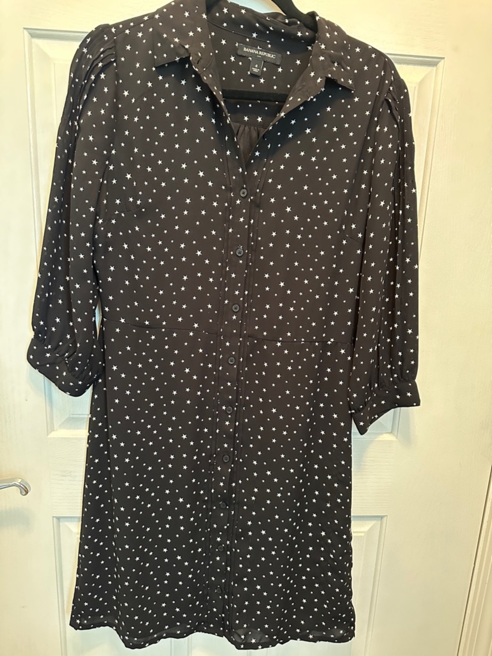 Banana Republic Black Star-Print 3/4 Sleeve Button Front Shirt Dress Size 4